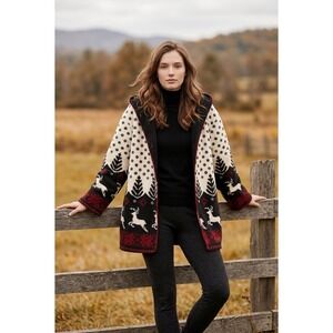 Vintage Denali Reversible Fleece Coat M Reindeer Granola Girl Hooded‎ Cabincore